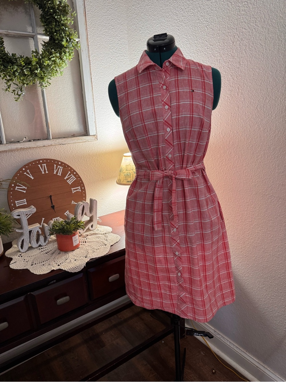 Tommy Hilfiger Pink and White Plaid Sleeveless Tie-Waist Midi Dress